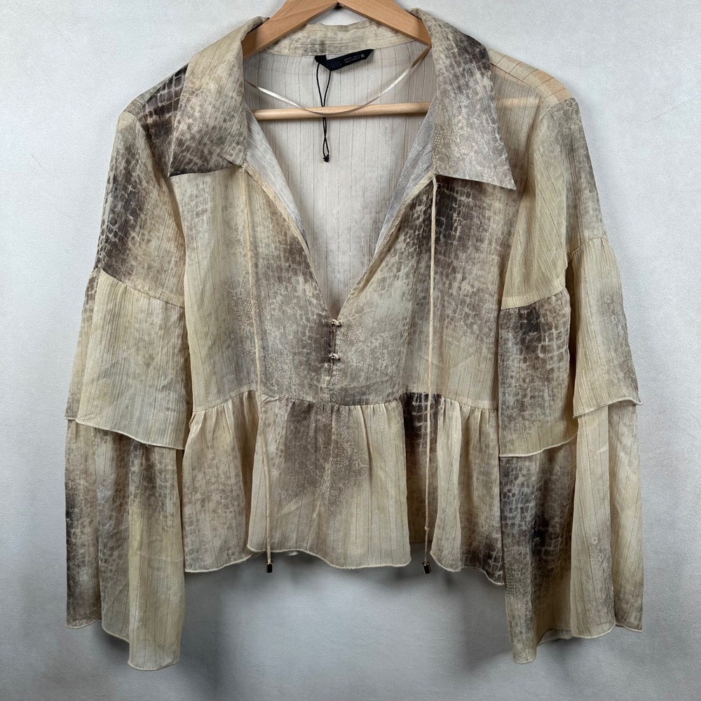 Zara TRF Blouse L Sheer Animal Print Peplum Babydoll Y2K Boho Ruffle Top Sheer